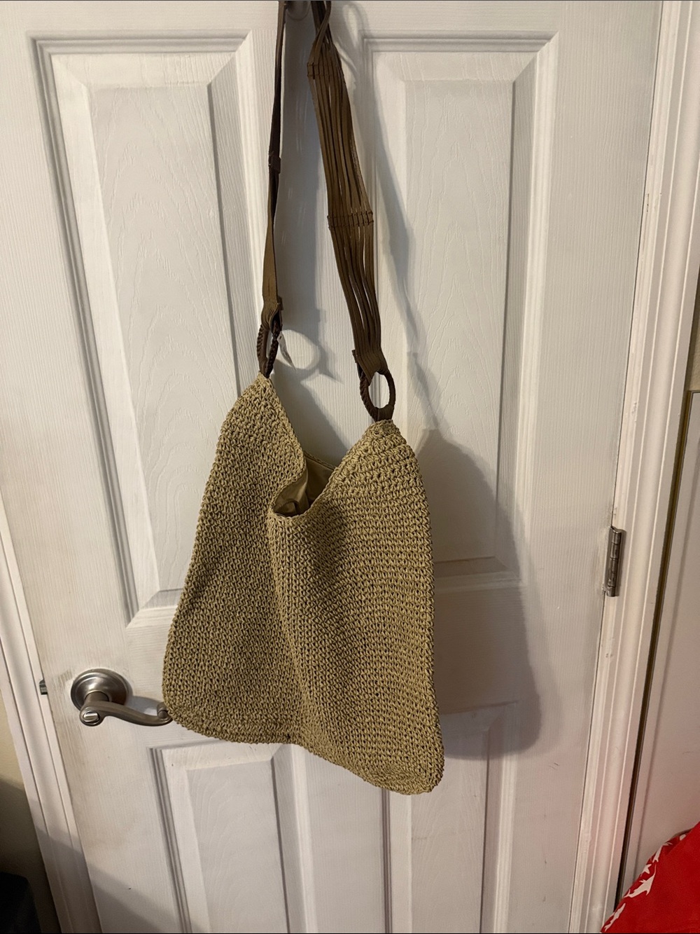 Express Woven Shoulder Bag in Khaki with Brown Strap